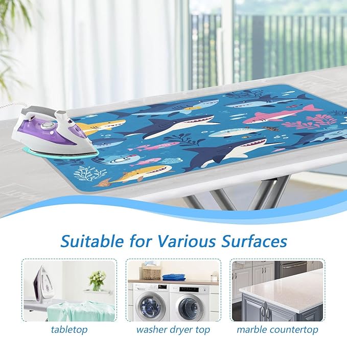 Sharks Fishes and Seaweed Blue Ironing Mat Thickened Ironing Blanket Travel - Image 5