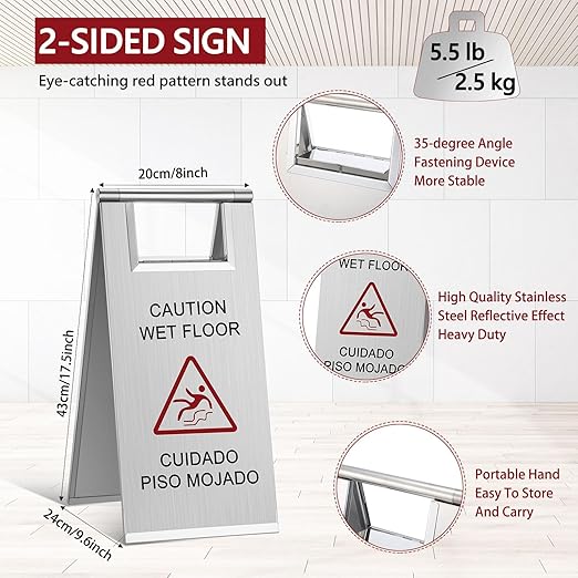 Kigley 2 Pcs Wet Floor Sign, 17 Inch Stainless Steel Caution Wet Floor Sign - Image 2