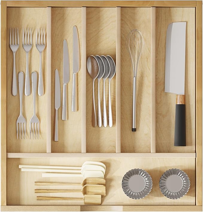WelFurGeer Solid Birch Wood Silverware Drawer Organizer, Wooden Cutlery Drawer - Image 8