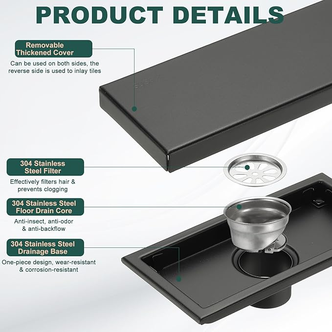 uxcell Rectangular Shower Drain, Brushed 304 Stainless Steel Odor-Proof Floor - Image 3