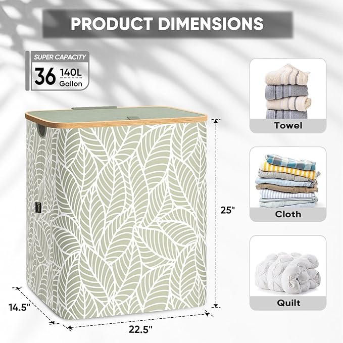 BALEINE Laundry Hamper with Lid, Tall Laundry Baskets with Bamboo Pull Handles - Image 4