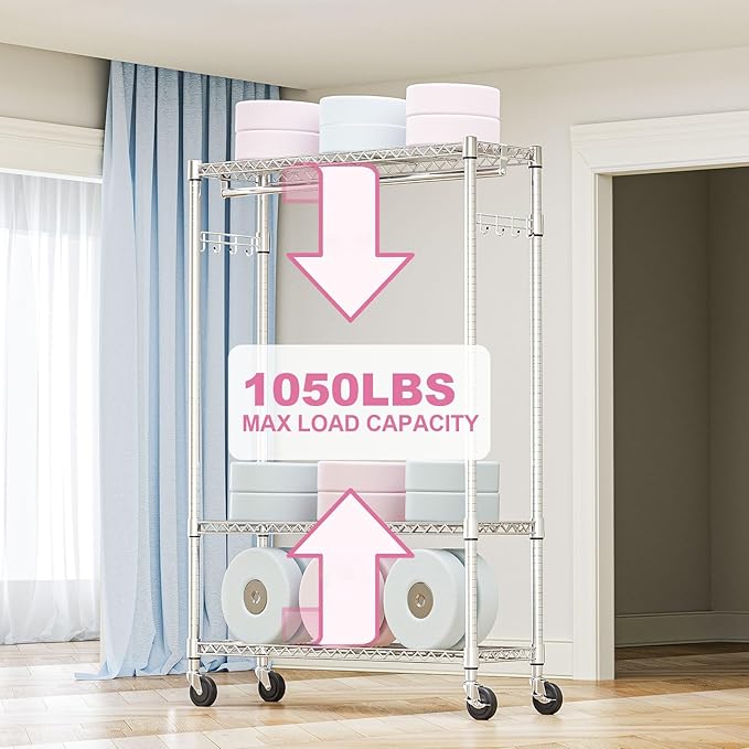 Heavy Duty Rolling Garment Rack 3 Tiers Adjustable Wire Shelving Clothes Rack - Image 5