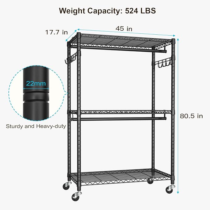 FUTASSI P1 Plus Rolling Clothes Rack, 22mm Diameter Heavy Duty Garment Rack - Image 6