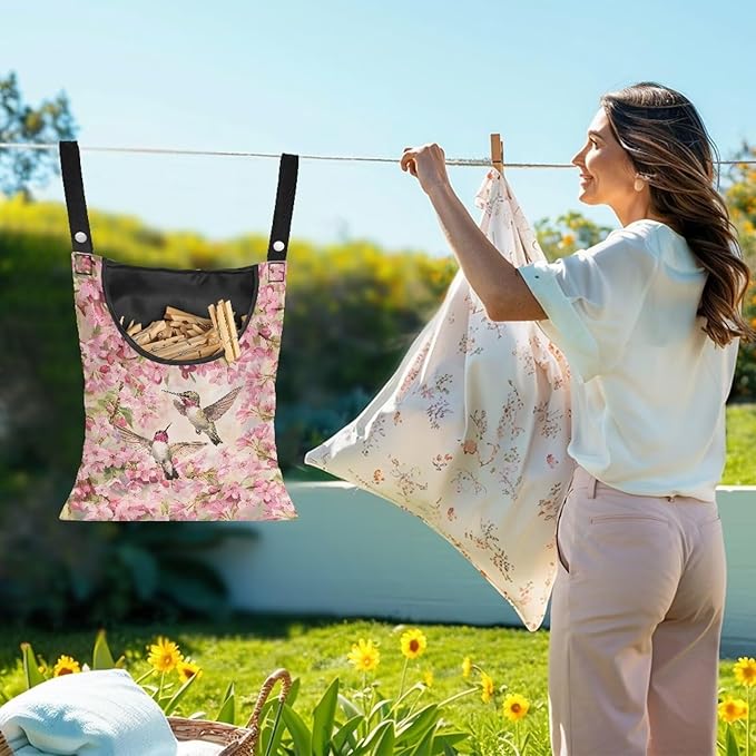 Hummingbird and Cherry Blossom Clothespin Storage Bag, Space-Saving Organize - Image 2