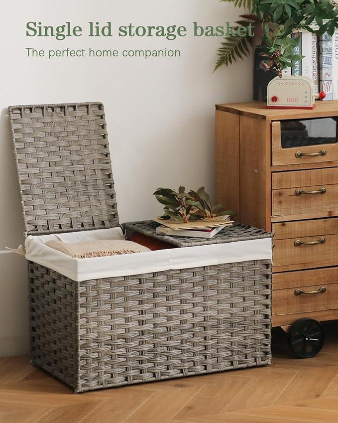 Storage Basket with Lid Rattan, Woven Storage Baskets with 2 Separate Lids - Image 2