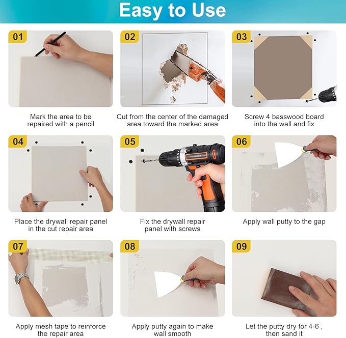 Drywall Repair Kit with 12"x12" Dry Wall Repair Panel, 33-in-One Drywall Patch - Image 7