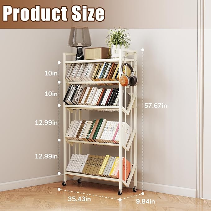 Book Carts 5 Tier 57.7x35.4x9.84 in Rolling Book Cart Large Capacity Bookshelf - Image 2