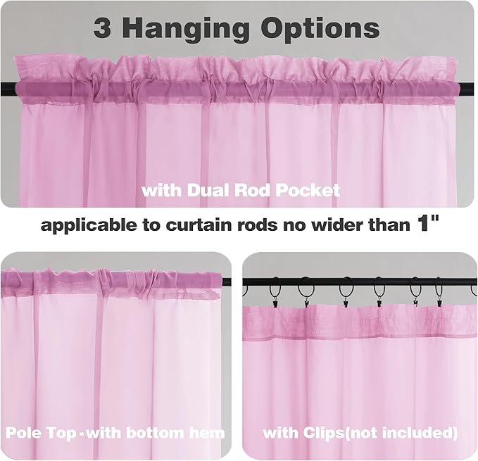 Chyhomenyc Pink Sheer Curtains 54 Inch Long 2 Panels, Light Filtering Rod - Image 3