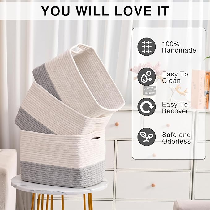 Storage Baskets for Organizing Shelves, Woven Cotton Rope Bins for Baby Nursery - Image 5