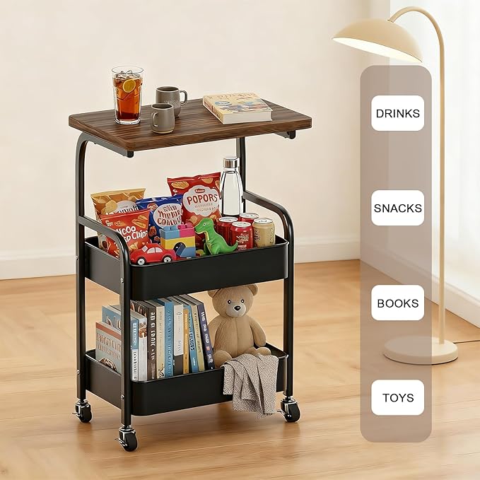 Rolling Cart with Wooden Tabletop 3-Tier Metal Utility Rolling Cart Storage - Image 3