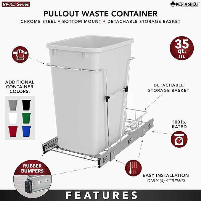 Rev-A-Shelf Pullout Trash Can for Kitchen Cabinets 35 Qt Garbage Waste - Image 2
