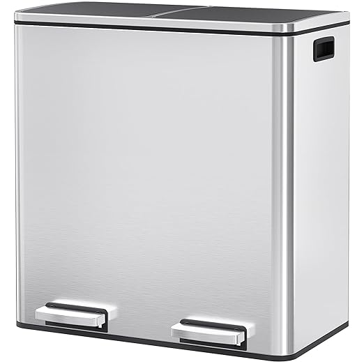 Arlopu 16 GallonStainless Steel Trash Can, 60L Dual Compartment, Metal Kitchen by Arlopu
