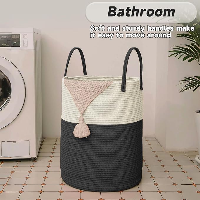Large Woven Laundry Basket Hamper, 80L Cotton Rope Storage Bin - Image 5