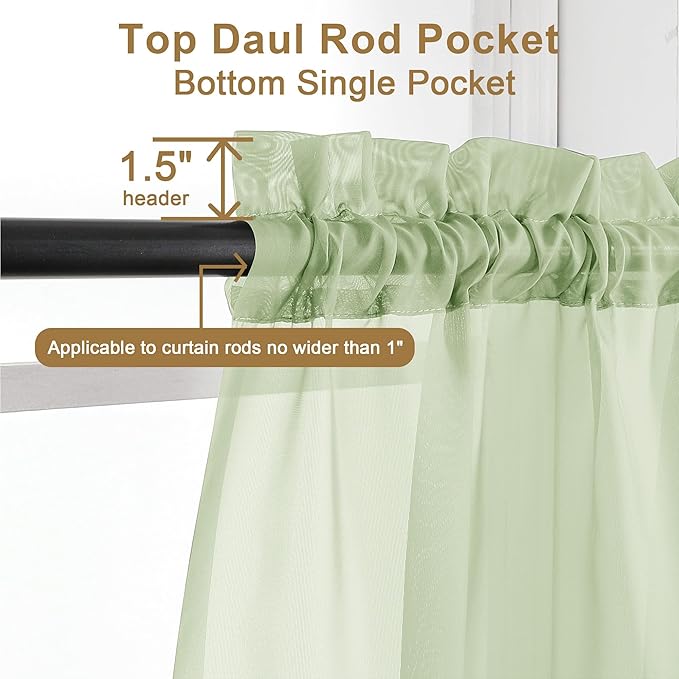 Chyhomenyc Light Green Sheer Curtains 36 inch Length 2 Panels Set, Light - Image 6