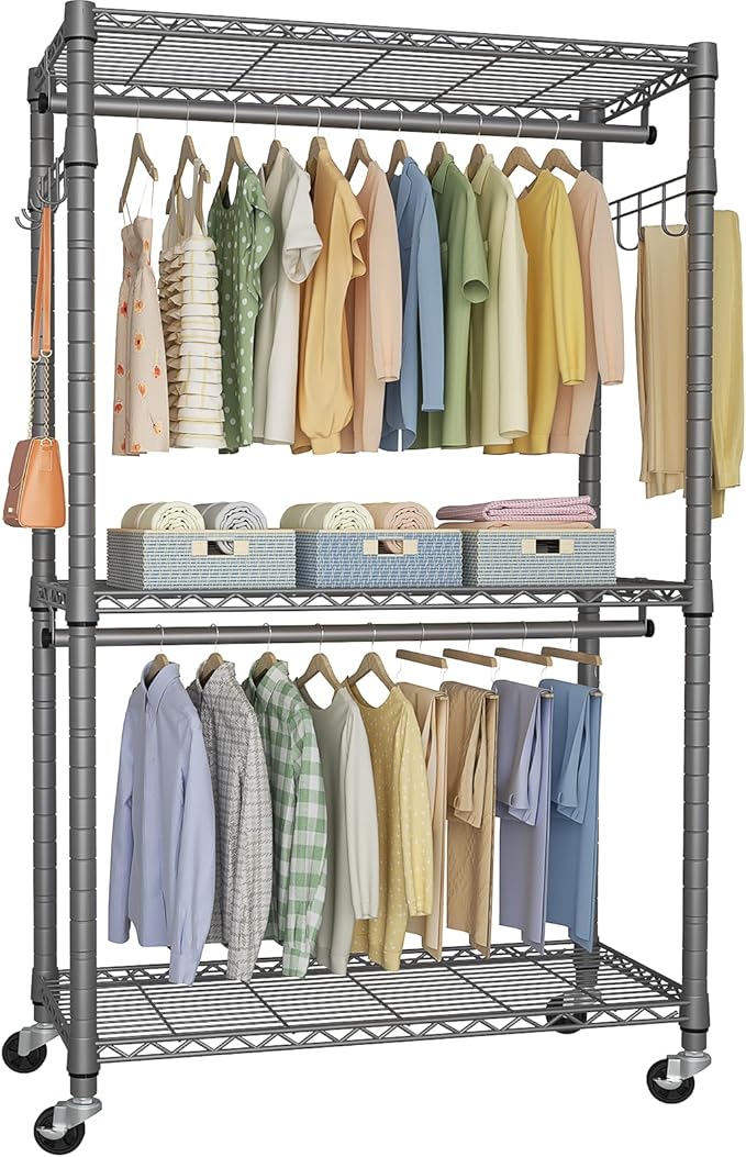 FUTASSI P1 Heavy Duty Garment Rack, 3 Tiers Adjustable Rolling Metal Closet by FUTASSI