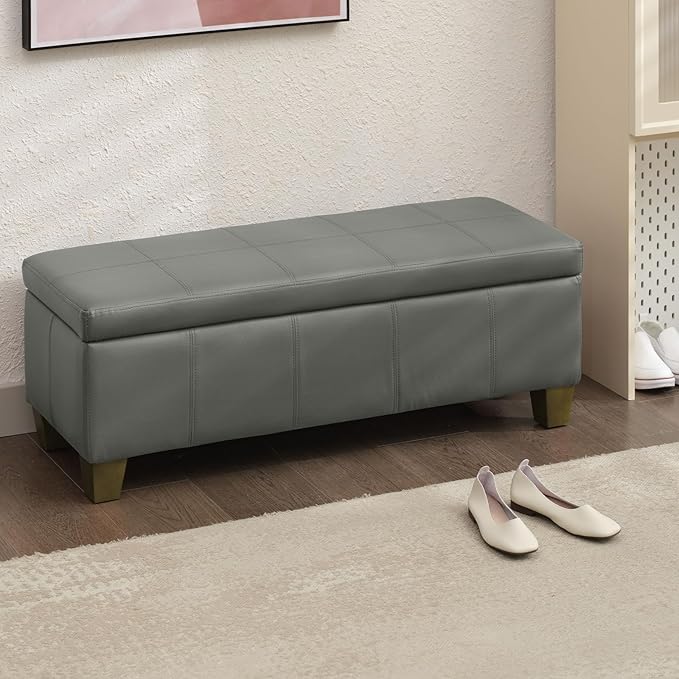 Grey Faux Leather Ottoman with Storage, Rectangular Extra Long Storage Bench - Image 8