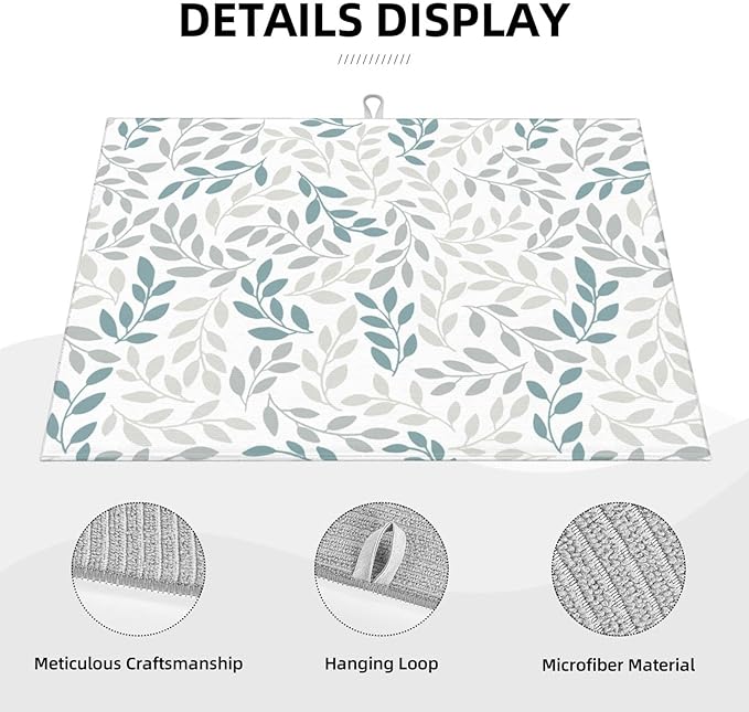 Grey And Blue Leaves Branches Microfiber Absorbent Reversible Dish Drying Mat - Image 4
