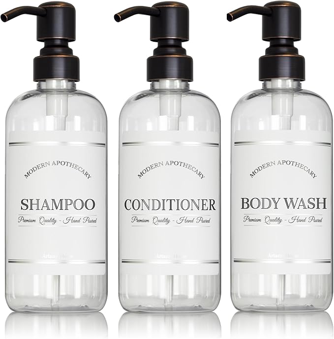 Clear Refillable Shampoo, Conditioner, and Body Wash Bottles by ArtanisHome