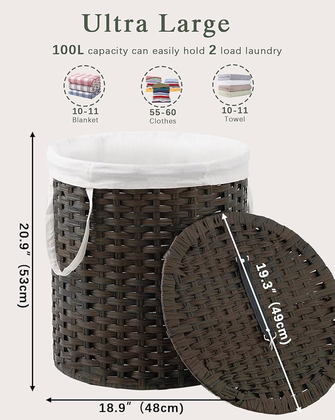Laundry Hamper with Lid Wicker Laundry Hamper Round 26.5 Gal Laundry Basket - Image 4