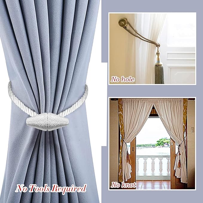 Hion Magnetic Curtain Tiebacks White 2pcs, Curtain Tiebacks Buckles Holdbacks - Image 6