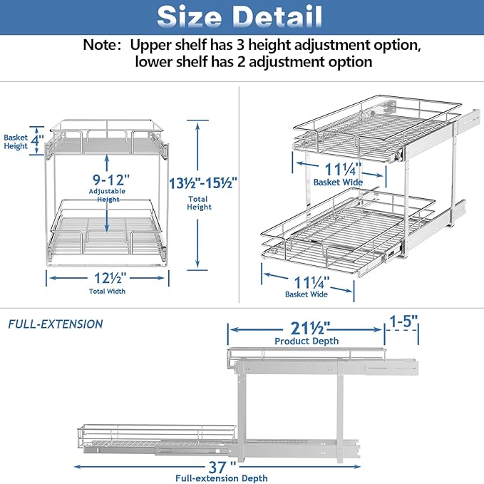 LOVMOR 2 Tier Individual Pull Out Cabinet Organizer 12½" W x 21½" D, Slide Out - Image 3