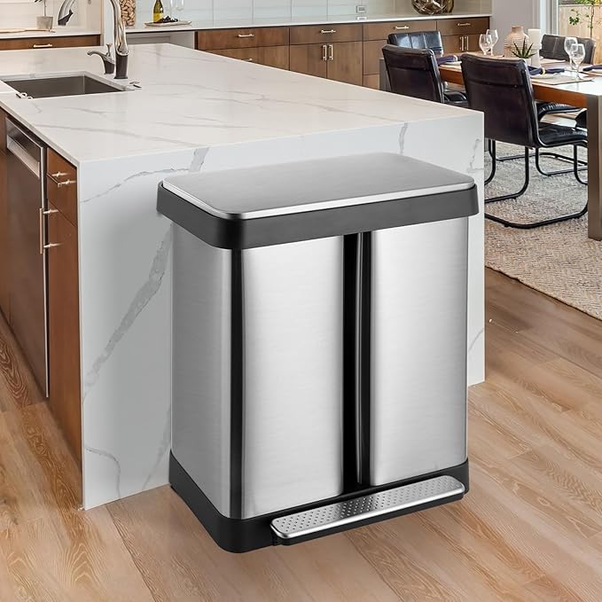 16 Gallon Dual Compartment Trash Can, Hands-Free Recycling Rectangular Garbage - Image 7