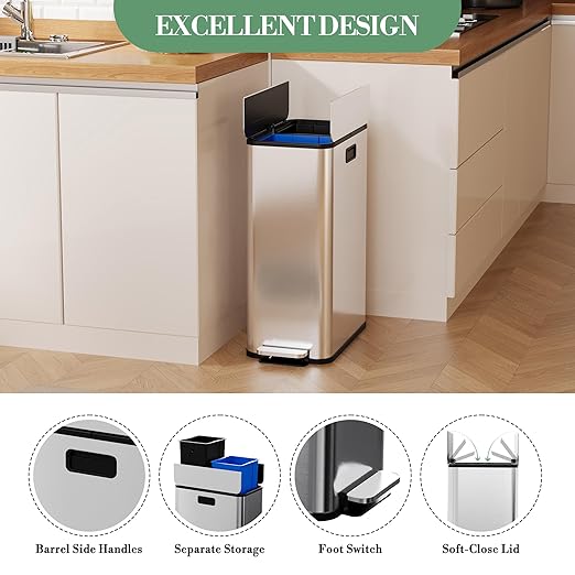 15-Gallon Dual Trash Can, Step-On Pedal Kitchen Trash Bin - Image 4