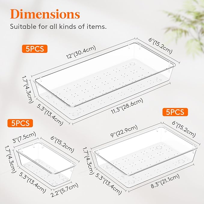 Lifewit 15 Pcs Large Bathroom Drawer Organizers, 3 Sizes Clear Plastic Storage - Image 2
