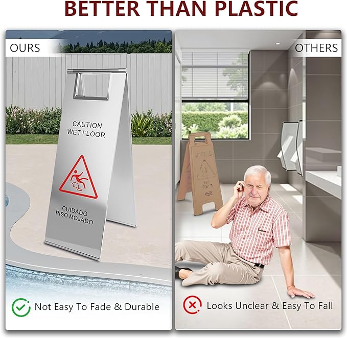 4 Pcs Stainless Steel Wet Floor Caution Sign, 24 Inch Portable Handle Bilingual - Image 4
