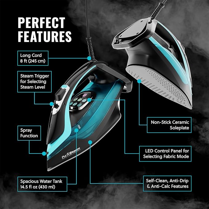 PurSteam SteamTech Elite 1750W Steam Iron, Digital Temp Control & LED Display - Image 7