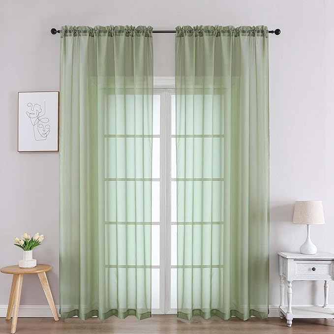 Chyhomenyc Sage Green Sheer Curtains 90 Inches Long 2 Panels, Light Filtering by Chyhomenyc