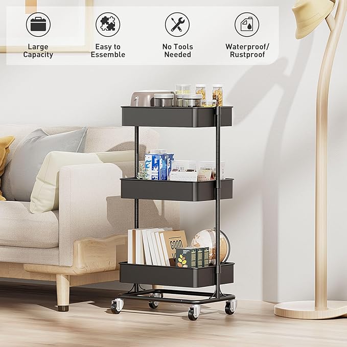 3 Tier Modern Metal Rolling Tool Cart - Image 2