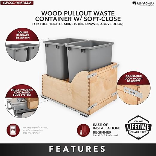 Rev-A-Shelf Pullout Trash Cans for Kitchen Cabinet, Dual 35 Qt Bins - Image 4