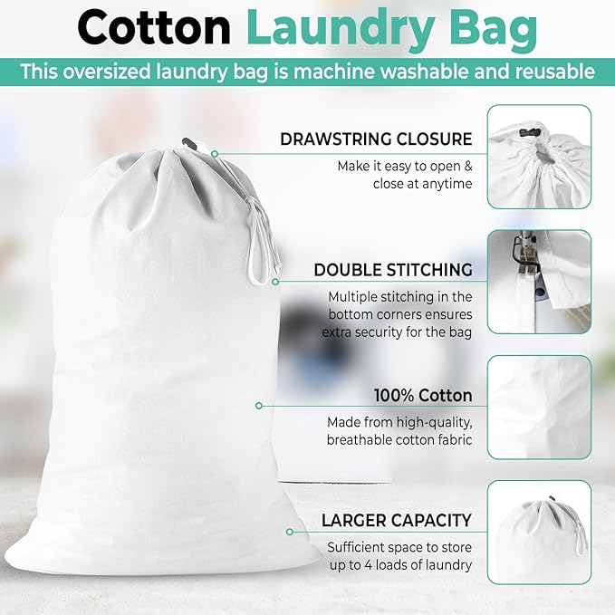 2 Pack - Extra Large Cotton Laundry Bag, Heavy Duty Large Laundry Bags 24 x 36 - Image 5