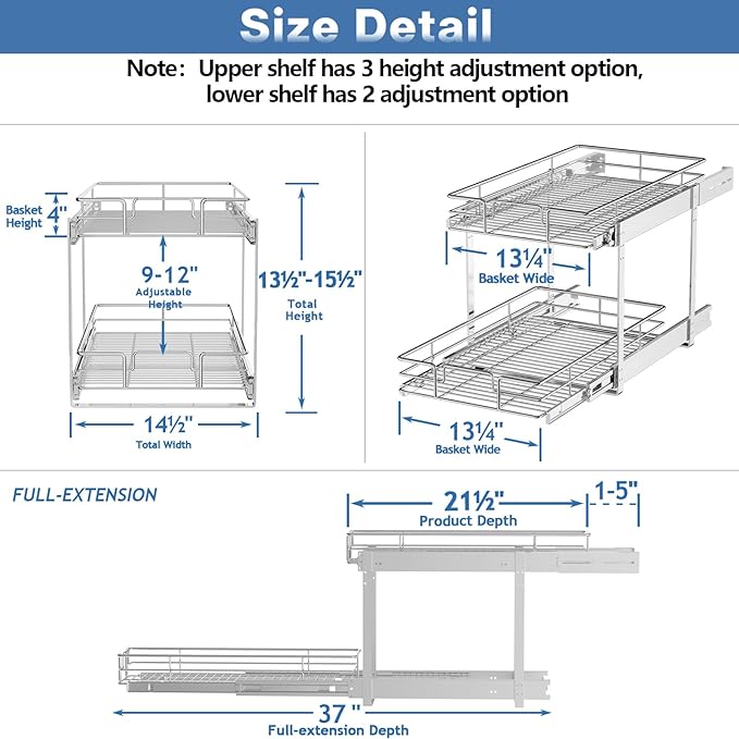 2 Tier Individual Pull Out Cabinet Organizer 14½" W x 21½" D, Heavy Duty - Image 3