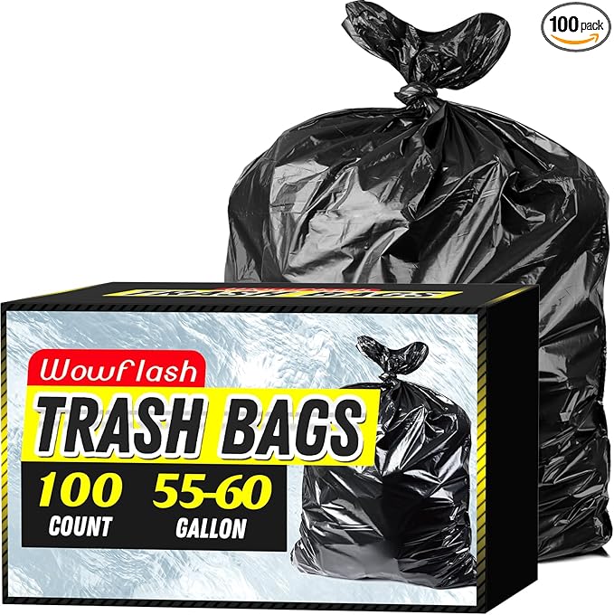 100 Count 55-60 Gallon Trash Bags, Sturdy & Tear-Resistant Commercial Can by Wowflash