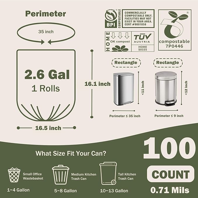 Compostable Trash Bags, 2.6 Gallon, 100% Compost Waste Bags - Image 6