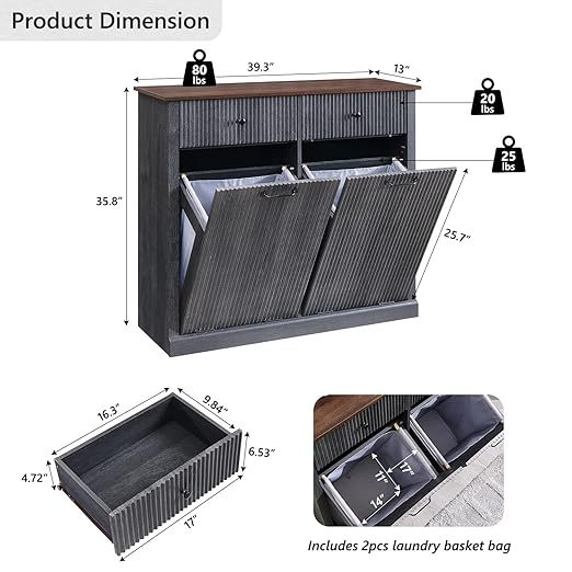 Modern Double Tilt-Out Trash Cabinet, 20 Gallon Fluted Laundry Hamper Cabinet - Image 2