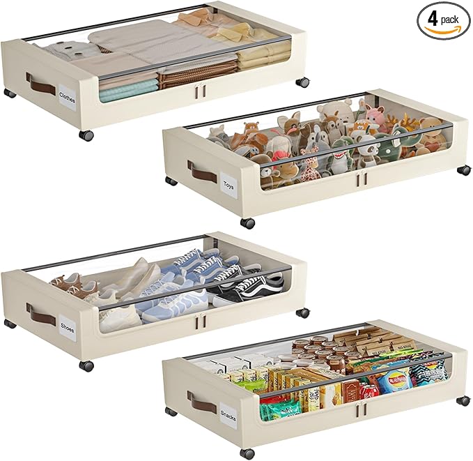 Under Bed Storage with Wheels, 4 Pack Under Bed Storage Containers with Clear by Gofujuco
