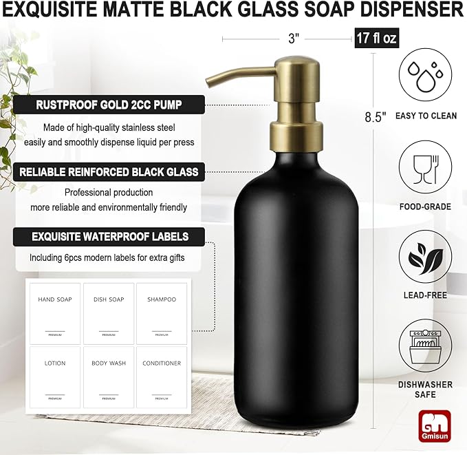 GMISUN Gold Soap Dispenser, 2 Pack Matte Black Glass Bathroom Hand Soap - Image 3