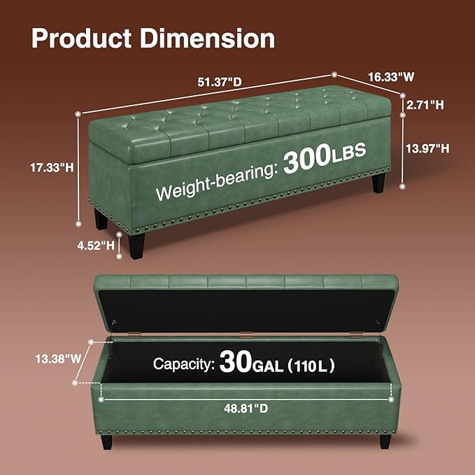 Storage Ottoman Bench, 51-Inch Large Storage Bench - Image 2