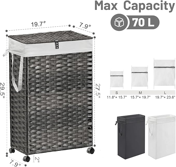 70L Slim Laundry Hamper with Lid & Wheels, Rolling Laundry Basket with 2 - Image 4