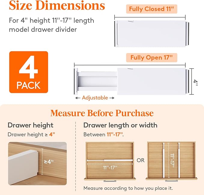Lifewit 4 Pack Drawer Divider 4" High, 11-17" Drawer Dividers - Image 2