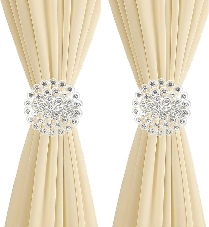 2 Pack Crystal Flower Curtain Tiebacks – Decorative Spring Wire Buckle Clips by Aimery