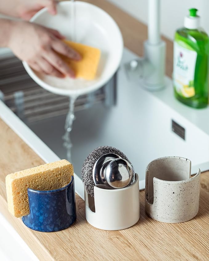 Kitchen Sponge Holder, Ceramic Sponge Organizer Scrubby Holder Sink Caddy Dish - Image 6
