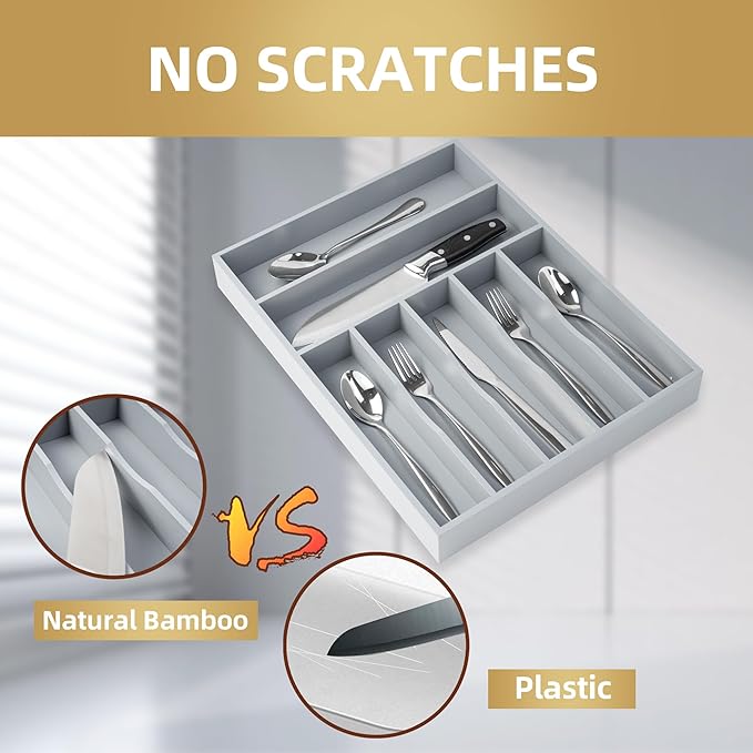 Silverware Organizer 13 Inch Gray Bamboo Kitchen Drawer Organizer 7 Slots - Image 3