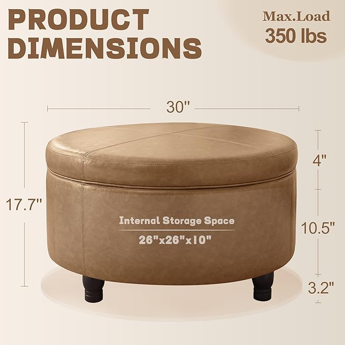 30-Inch Round Storage Ottoman, Modern Ottoman Coffee Table - Image 2