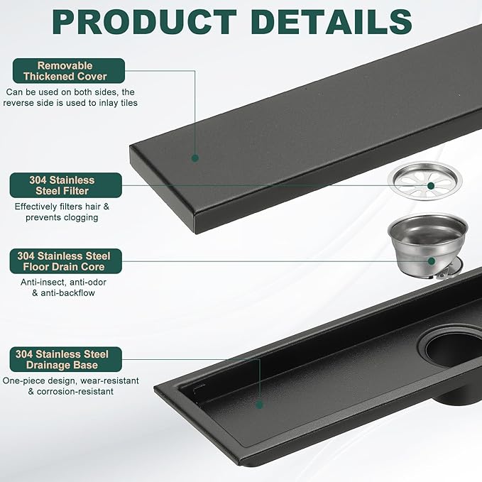 uxcell Rectangular Shower Drain, Brushed 304 Stainless Steel Odor-Proof Floor - Image 3