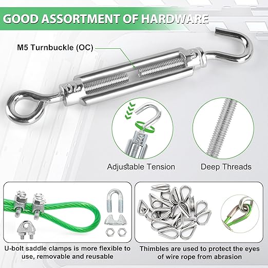 100 Ft Turnbuckles for Cables Wire, 3/16" Green PVC Coated Wire Rope Kit - Image 4