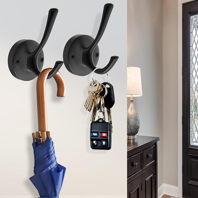 Black Towel Hooks for Wall, 5 Pack Coat Robe Hook Heavy Duty Metal Double Bath - Image 4
